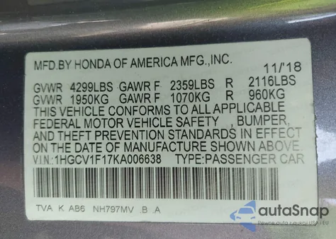 2019 Honda Accord Lx from USA, damaged, VIN 1HGCV1F17KA006638